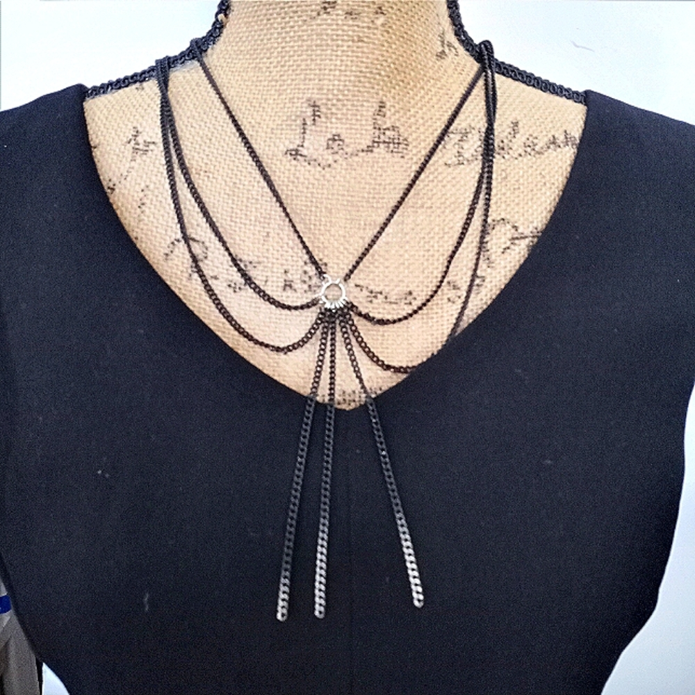 Nicole Miller Black Patina Silver Tip Cascading Drop Tassel Necklace